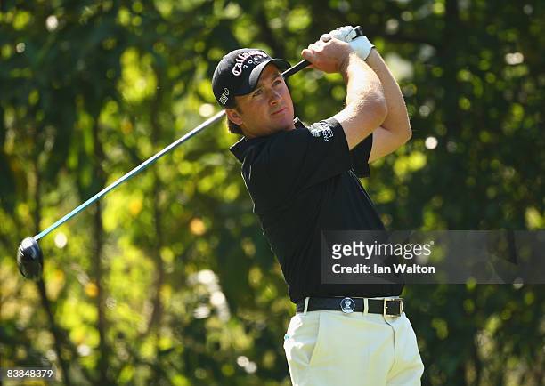Graeme McDowell of Ireland in action during round two of the Omega Mission Hills World Cup at the Mission Hills Resort on November 28, 2008 in...