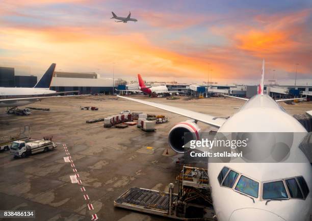 vliegtuig geparkeerd op de sydney international airport - lypseaus2015 stockfoto's en -beelden
