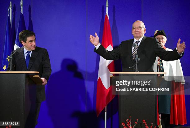 Swiss President Pascal Couchepin gestures during a press conference with French Prime Minister François Fillon after an official working meeting at...