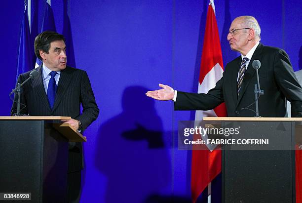 President of the Confederation Pascal Couchepin gestures during a press conference with French Prime Minister François Fillon after an official...