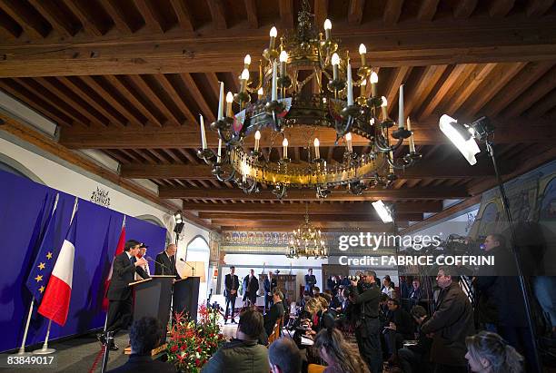 Swiss President Pascal Couchepin holds a press conference with French Prime Minister François Fillon after an official working meeting at Lucens...