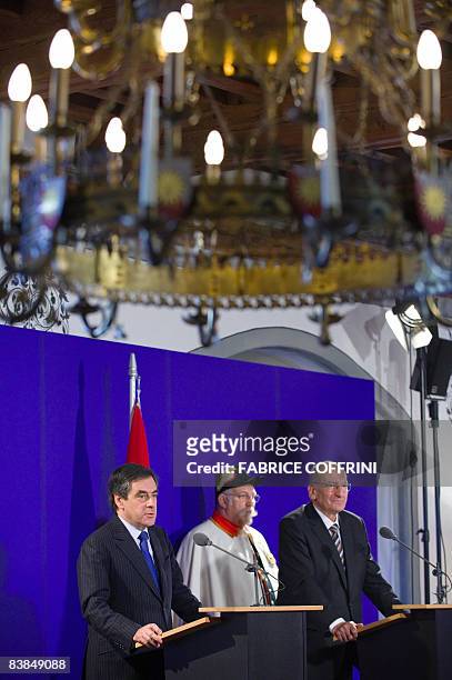 French Prime Minister François Fillon gives a press conference with Swiss President Pascal Couchepin after an official working meeting at Lucens...