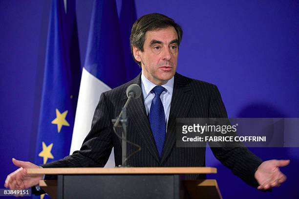 French Prime Minister François Fillon gestures during a press conference after an official working meeting with Swiss President Pascal Couchepin at...