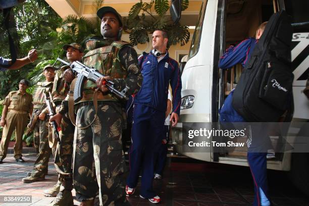 Kevin Pietersen of England gets on the team bus as the England Cricket Team depart as the Mumbai terror attacks continue, at the England team hotel...