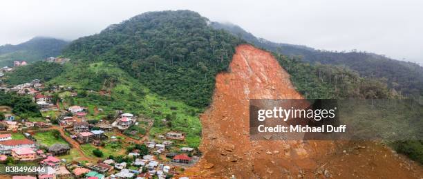 sierra leone mudslide panoramic drone aerial photo - lerskred bildbanksfoton och bilder