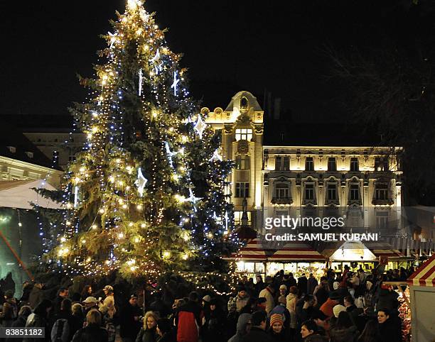 Visitors gather around a 15m-high and 30-year-old Christmas tree on the first day of the Bratislavas's Christmas market on November 28, 2008 on a...