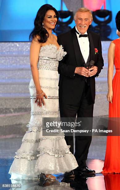 Entertainer Sir Bruce Forsyth and his wife, former Miss World 1975, Wilnelia Merced, on stage during the 2011 Miss World final from Earls Court in...