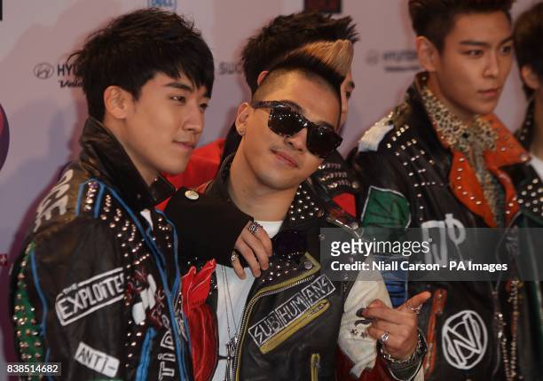 Seungri, G-Dragon, Taeyang and T.O.P of South Korean boy band Big Bang arriving for the 2011 MTV Europe Music Awards at the Odyssey Arena, Belfast.