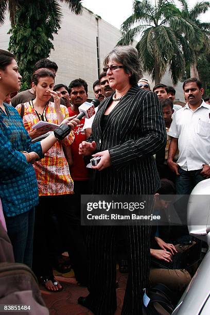 Deputy British High Commisioner, Vicki Treadell is interviewed outside the Oberoi Hotel on November 28, 2008 in Mumbai, India. Following terrorist...