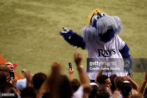 Raymond, the mascot of the Tampa Bay Rays performs against the Philadelphia Phillies during game one of the 2008 MLB World Series on October 22, 2008...