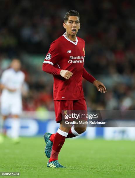 Roberto Firmino of Liverpool during the UEFA Champions League Qualifying Play-Offs round second leg match between Liverpool FC and 1899 Hoffenheim at...