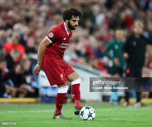 Mohamed Salah of Liverpool during the UEFA Champions League Qualifying Play-Offs round second leg match between Liverpool FC and 1899 Hoffenheim at...