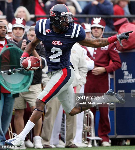 Mike Wallace of the Ole Miss Rebels hauls in a 72-yard touchdown pass against the Mississippi State Bulldogs during their game at Vaught-Hemingway...