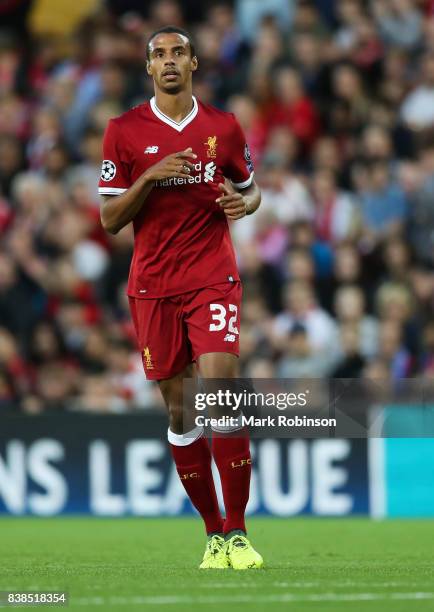 Joel Matip of Liverpool during the UEFA Champions League Qualifying Play-Offs round second leg match between Liverpool FC and 1899 Hoffenheim at...