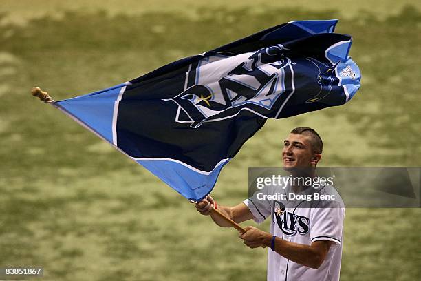 Fan of of the Tampa Bay Rays waves a flag in support of his team against the Philadelphia Phillies during game two of the 2008 MLB World Series on...