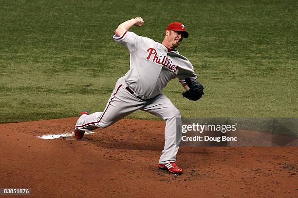 Brett Myers of the Philadelphia Phillies throws a pitch against the Tampa Bay Rays during game two of the 2008 MLB World Series on October 23, 2008...