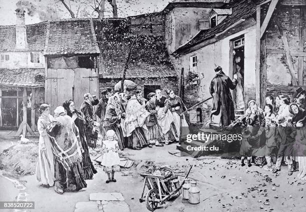 many people standing at a house entrance, policeman looking for problems inside - police officer talking to person cartoon stock illustrations