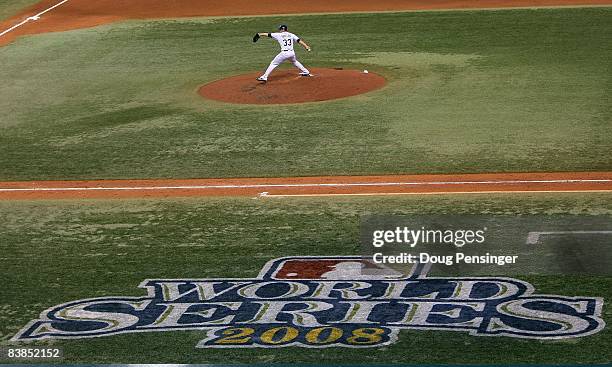 James Shields of the Tampa Bay Rays throws a pitch against the Philadelphia Phillies during game two of the 2008 MLB World Series on October 23, 2008...