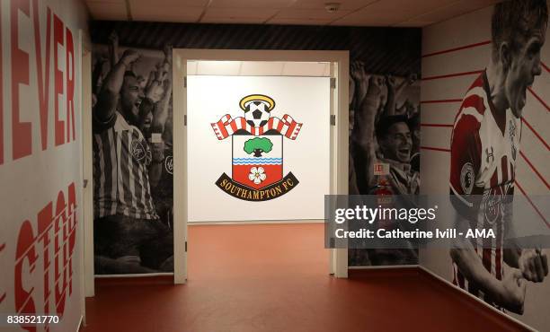 General view inside the tunnel with the club badge before the Carabao Cup Second Round match between Southampton and Wolverhampton Wanderers at St...