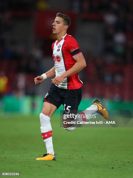 Jan Bednarek of Southampton during the Carabao Cup Second Round match between Southampton and Wolverhampton Wanderers at St Mary's Stadium on August...