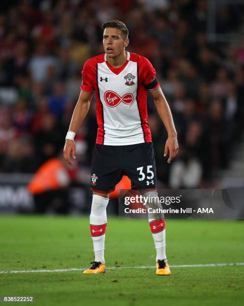 Jan Bednarek of Southampton during the Carabao Cup Second Round match between Southampton and Wolverhampton Wanderers at St Mary's Stadium on August...