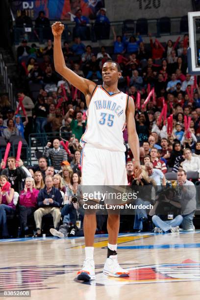 Kevin Durant of the Oklahoma City Thunder to a team mates three point shot during the game against the Minnesota Timberwolves on November 28, 2008 at...