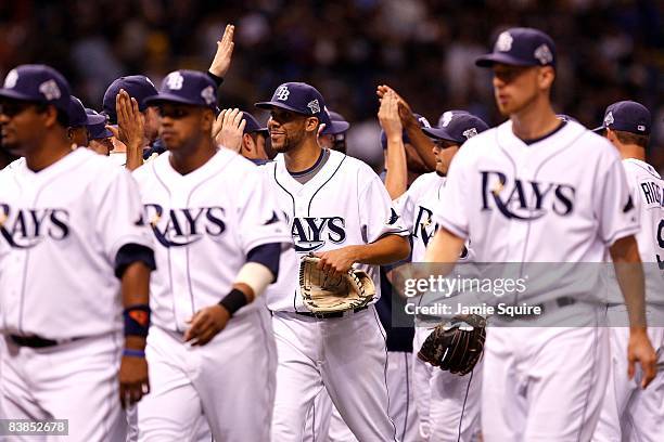 Closing pitcher David Price of the Tampa Bay Rays celebrates with teammates after their 4-2 win against the Philadelphia Phillies during game two of...