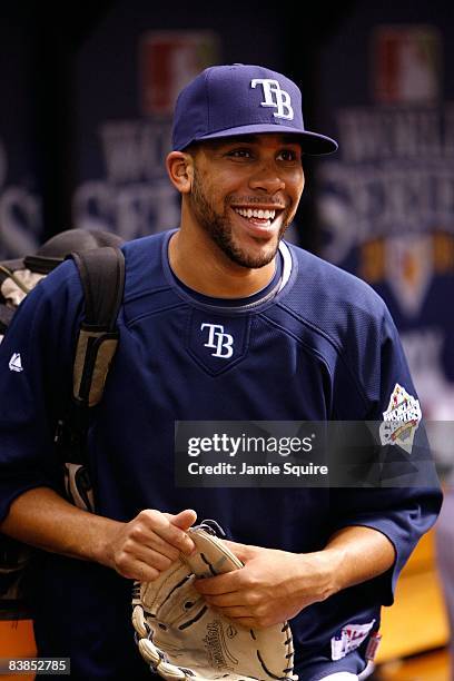 David Price of the Tampa Bay Rays smiles as he looks on from the dugout against the Philadelphia Phillies during game two of the 2008 MLB World...