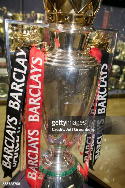 Barclays Premier League Trophy in the museum at Manchester United Football Club at the Old Trafford Stadium.