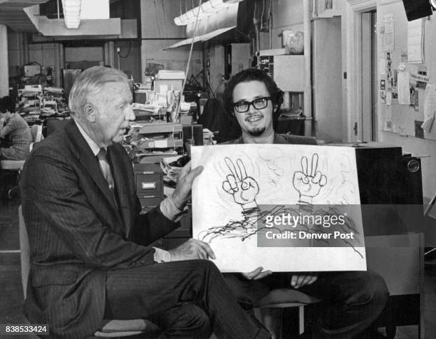 Starr Yelland interviews Denver Post editorial cartoonist Pat Oliphant, Showing His Cartoon, On Election Night 1970. Yelland heads a special Channel...