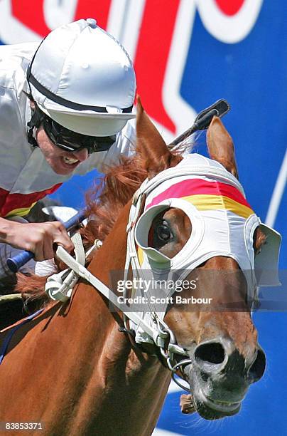 Billy Egan rides Anyways to win race 5 Mayfair Smallgoods Handicap during the Moonee Valley Racing Club Christmas at the Valley meeting held at...