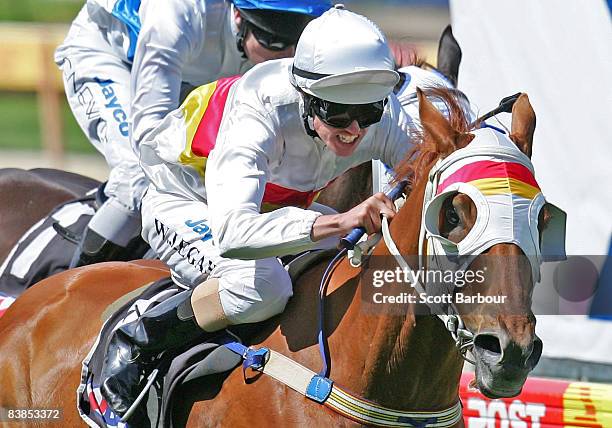 Billy Egan rides Anyways to win race 5 Mayfair Smallgoods Handicap during the Moonee Valley Racing Club Christmas at the Valley meeting held at...