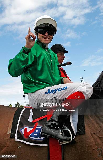 Craig Williams gestures after riding Amberino to win race 6 Tatts Leilani Classic during the Moonee Valley Racing Club Christmas at the Valley...