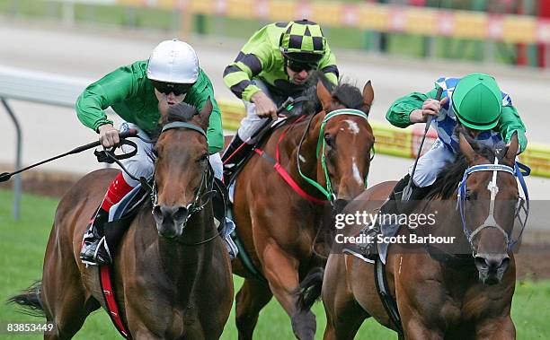 Craig Williams rides Amberino to win race 6 Tatts Leilani Classic during the Moonee Valley Racing Club Christmas at the Valley meeting held at Moonee...