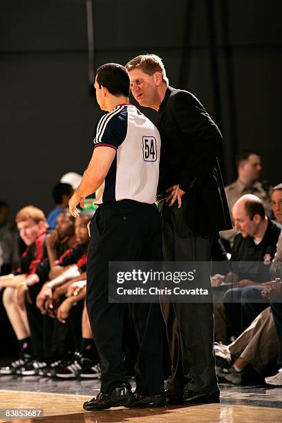 Brad Jones, head coach of the Utah Flash, talks to a referee during the game against the Austin Toros on November 28, 2008 at the Austin Convention...