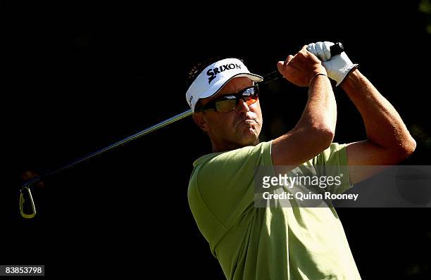 Robert Allenby of Australia plays his second shot on the fourteenth hole during the third round of the 2008 Australian Masters at Huntingdale Golf...