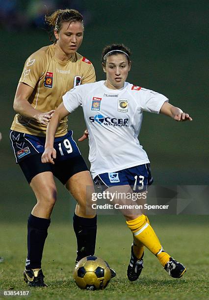 Trudy Camilleri of the Mariners dribbles the ball ahead of Sanna Frostevall of the Jets during the round six W-League match between the Central Coast...