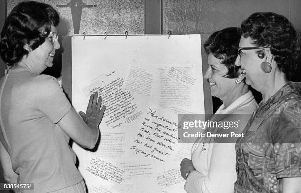 Handwriting Analysts Mind P's And Q's At Two-Day Denver Seminar in Cosmopolitan Hotel From left are Miss Emilie Stockholm, assistant dean of...