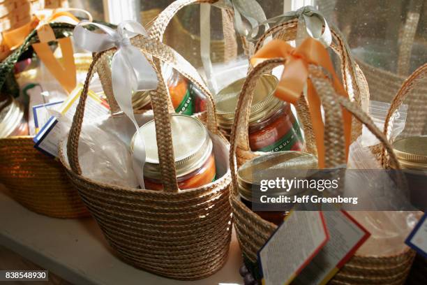 Gift baskets for sale in the Home Farm Store on Washington Street.