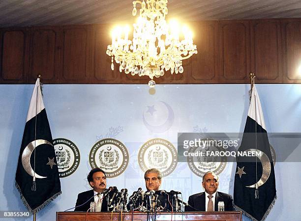 Pakistani Foreign Minister Shah Mehmood Qureshi along with National Security Council Advisor Mahmud Ali Durrani and Advisor to the Prime Minister on...