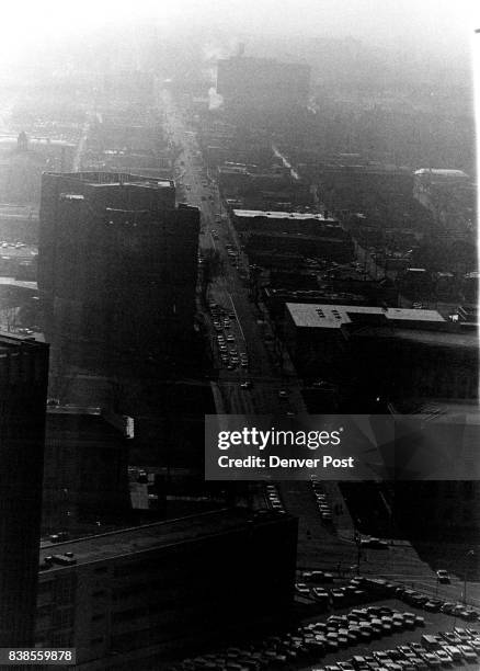 Downtown Denver On A Bleak November Day In 1970 Weather factors, car emissions and other pollutants create hazy smog. Credit: Denver Post