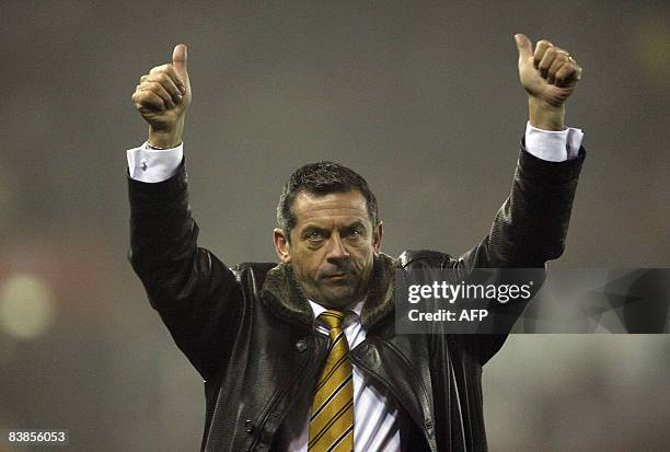 Hull City's Phil Brown, manager of Hull City gives the thumbs up to the Hull fans at the end of the match against Stoke City during a Premier League...