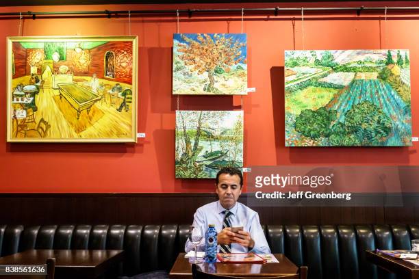 Man sat looking at his smartphone in the Van Gogh Caf_.