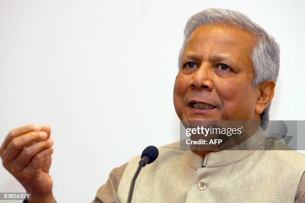 Bangladeshi economist and Nobel laureate Muhammad Yunus poses prior to a public conference to present his 'Social busines' new project in Monaco on...