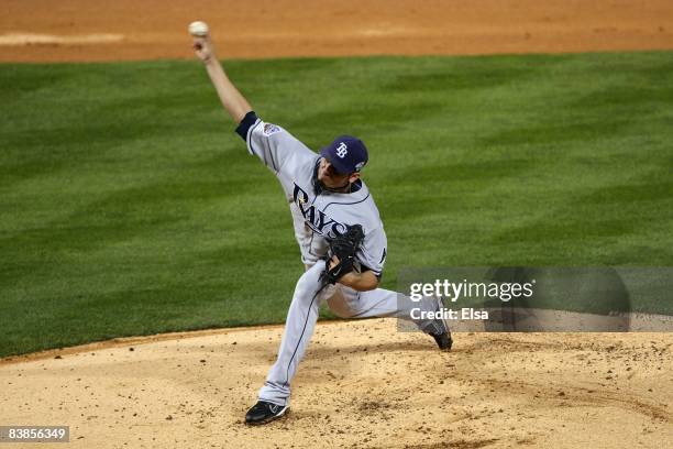 Matt Garza of the Tampa Bay Rays throws a pitch against the Philadelphia Phillies during game three of the 2008 MLB World Series on October 25, 2008...