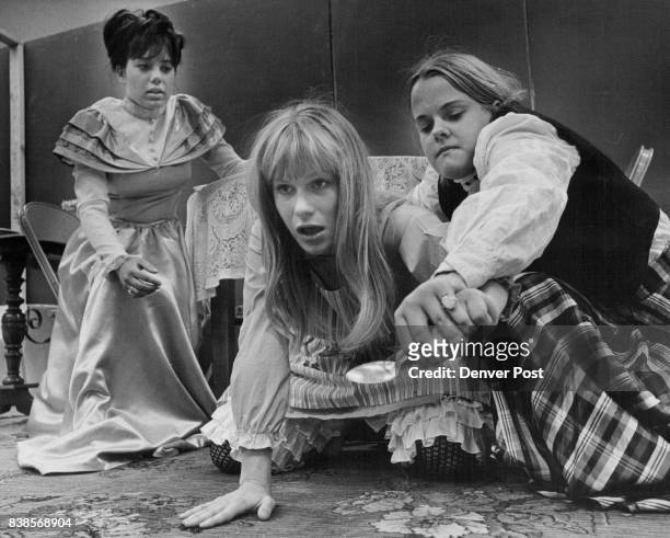 Helen Keller, Center, is Restrained in Scene From "Miracle Worker" Mrs. Keller, left, played by Brenda Burke, looks on while Annie Sullivan, Claudia...