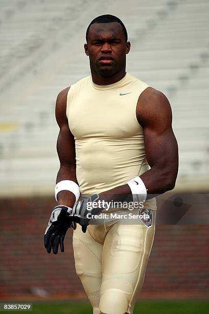 Safety Myron Rolle warms up prior to playing against the Florida Gators at Bobby Bowden Field at Doak Campbell Stadium on November 29, 2008 in...