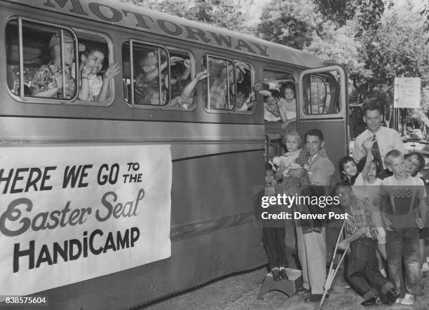 Off To Camp -- Thirty-five crippled children boarded a bus Monday for fifteen glorious days at the Easier Seal HandiCamp, eight miles west of Idaho...