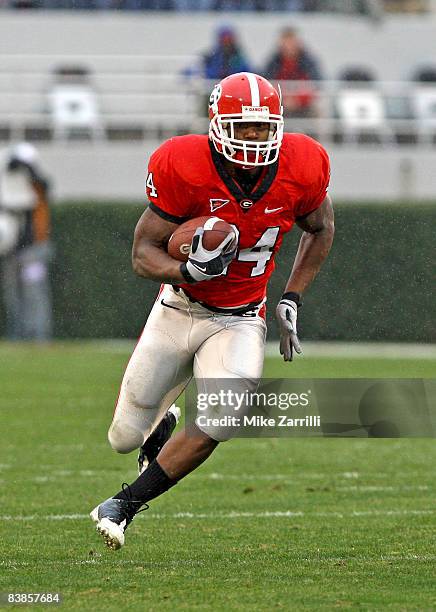 Running back Knowshon Moreno of the Georgia Bulldogs ran for 97 yards and a touchdown during the game against the Georgia Tech Yellow Jackets at...