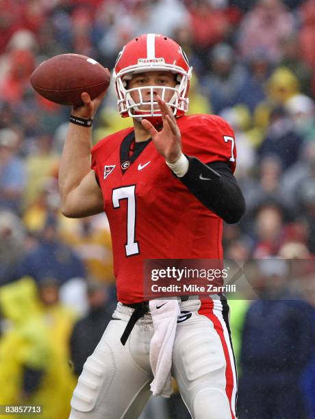 Quarterback Matthew Stafford of the Georgia Bulldogs threw for 407 yards and 5 touchdowns during the game against the Georgia Tech Yellow Jackets...